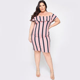 Women Plus Size Mini Dresses Summer Striped Off-Shoulder Ruffle Collar Dress