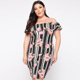 Women Plus Size Mini Dresses Summer Striped Off-Shoulder Ruffle Collar Dress