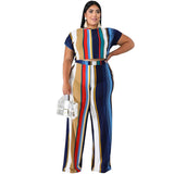 Women Plus Size Co-Ords Striped Printed Tight T-shirt Straight Pants Fashion Casual Two-Piece Suit