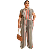 Women Plus Size Co-Ords Striped Printed Tight T-shirt Straight Pants Fashion Casual Two-Piece Suit