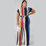 Women Plus Size Co-Ords Striped Printed Tight T-shirt Straight Pants Fashion Casual Two-Piece Suit