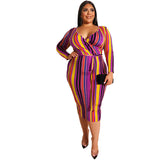 Women Plus Size Midi Dresses Color Cross Tight Bodyconv Collar Sexy Dress with Belt