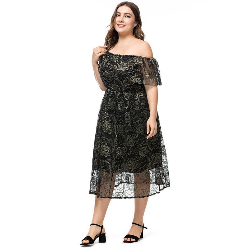 Women Plus Size Dresses Off-Neck Lace Stitching Long Dress Fashion Women
