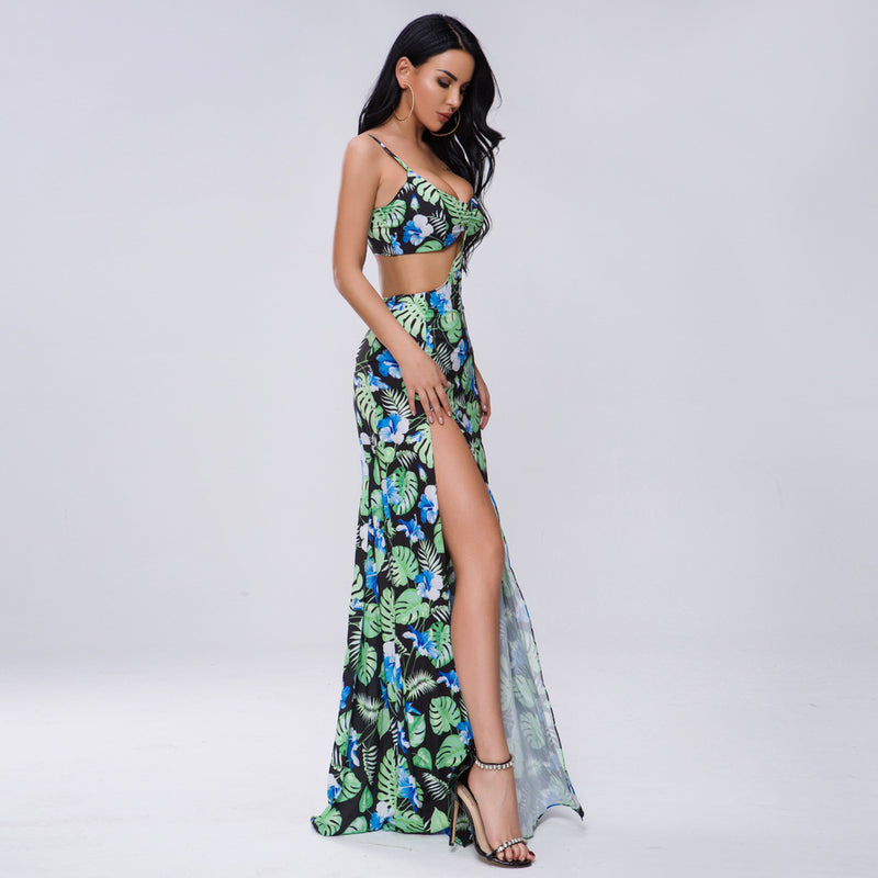 Bohemian Beach Dress off-the-Shoulder Strap Split Print