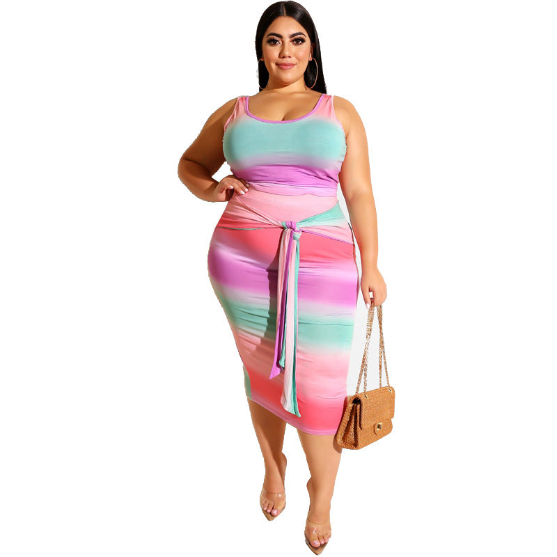 Women Plus Size Midi Dresses Skinny Sheath Fashion Camisole Two-Piece Overskirt Suit