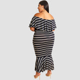 Women Plus Size Midi Dresses Ruffled Striped Tight Sexy Bodycon Dress