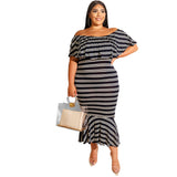 Women Plus Size Midi Dresses Ruffled Striped Tight Sexy Bodycon Dress