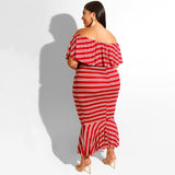 Women Plus Size Midi Dresses Ruffled Striped Tight Sexy Bodycon Dress