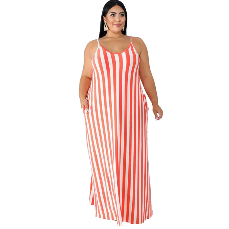 Women Plus Size Maxi Dresses Striped Loose Strap Dress with Belt Summer