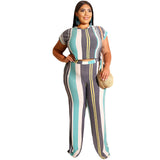 Women Plus Size Co-Ords Striped Printed Tight T-shirt Straight Pants Fashion Casual Two-Piece Suit