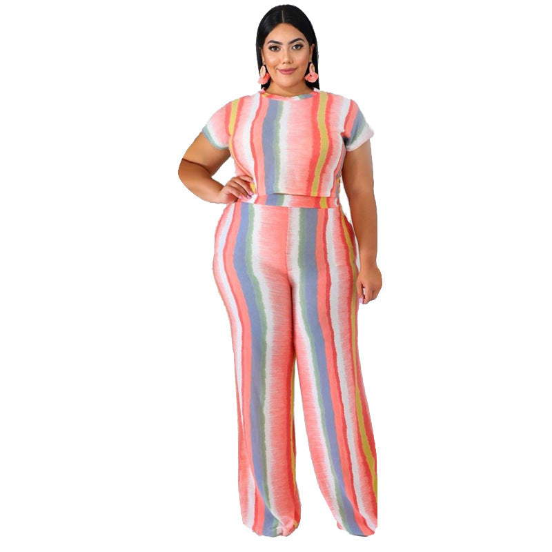 Women Plus Size Co-Ords Striped Printed Tight T-shirt Straight Pants Fashion Casual Two-Piece Suit