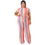 Women Plus Size Co-Ords Striped Printed Tight T-shirt Straight Pants Fashion Casual Two-Piece Suit