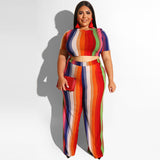 Women Plus Size Co-Ords Striped Printed Tight T-shirt Straight Pants Fashion Casual Two-Piece Suit