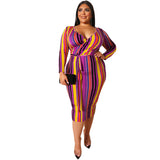 Women Plus Size Midi Dresses Color Cross Tight Bodyconv Collar Sexy Dress with Belt