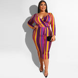 Women Plus Size Midi Dresses Color Cross Tight Bodyconv Collar Sexy Dress with Belt