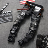 J Shaped Jeans Men's Jeans Ripped Rivet Stitching Ruffle Patch Locomotive
