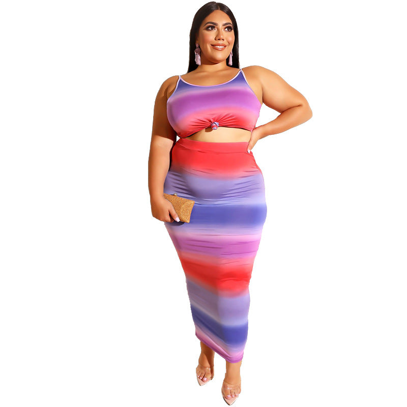Women Plus Size Midi Dresses Leopard Print Suspenders Skinny Bodycon Sexy Two-Piece Suit