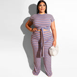 Women Plus Size Co-Ords Slim Stripe Strap Short Sleeve T-shirt Top Straight-Leg Trousers Two-Piece Set