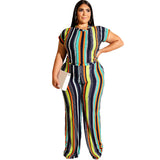 Women Plus Size Co-OrdsT T-shirt Top Straight-Leg Trousers Fashion Casual Striped Printed Two-Piece Suit