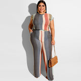 Women Plus Size Co-OrdsT T-shirt Top Straight-Leg Trousers Fashion Casual Striped Printed Two-Piece Suit