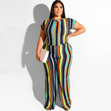 Women Plus Size Co-OrdsT T-shirt Top Straight-Leg Trousers Fashion Casual Striped Printed Two-Piece Suit