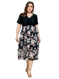 Women plus Size Dresses Summer V-neck Printed Chiffon Stitching Dress