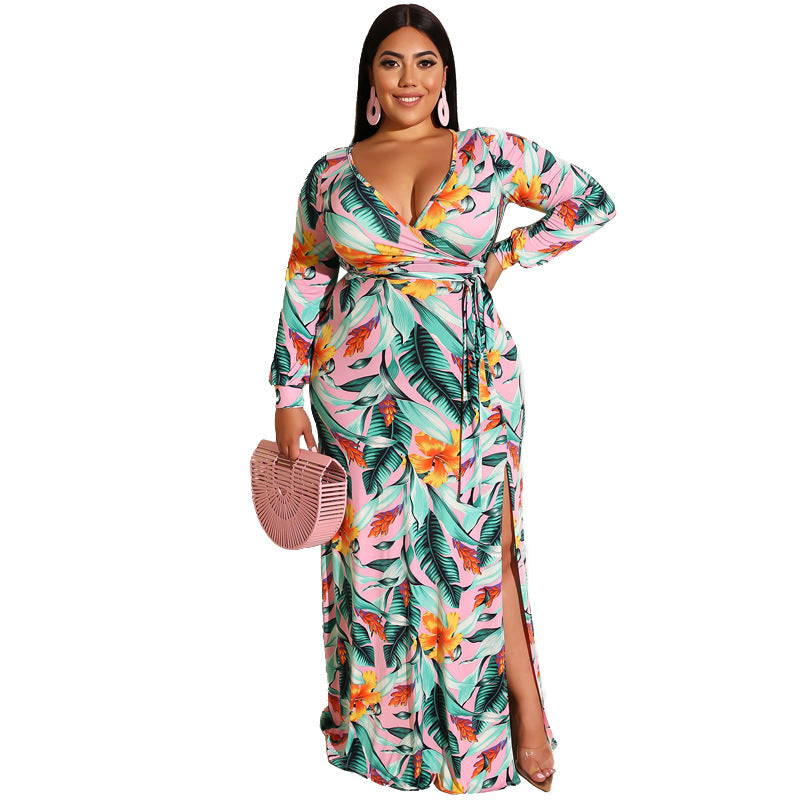 Women Plus Size Maxi Dresses Summer Tight Bodycon Deep V Split Sexy Dress