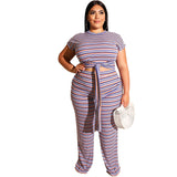 Women Plus Size Co-Ords Slim Stripe Strap Short Sleeve T-shirt Top Straight-Leg Trousers Two-Piece Set