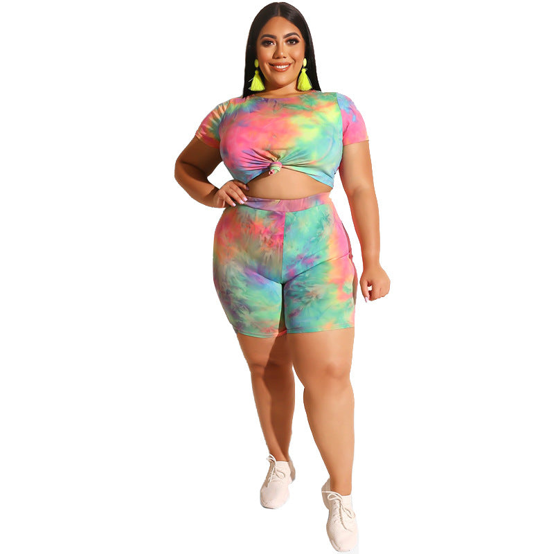Women Plus Size Co-Ords Tie-Dye Striped Tight T-shirt Shorts Sexy Two-Piece Suit