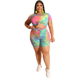 Women Plus Size Co-Ords Tie-Dye Striped Tight T-shirt Shorts Sexy Two-Piece Suit