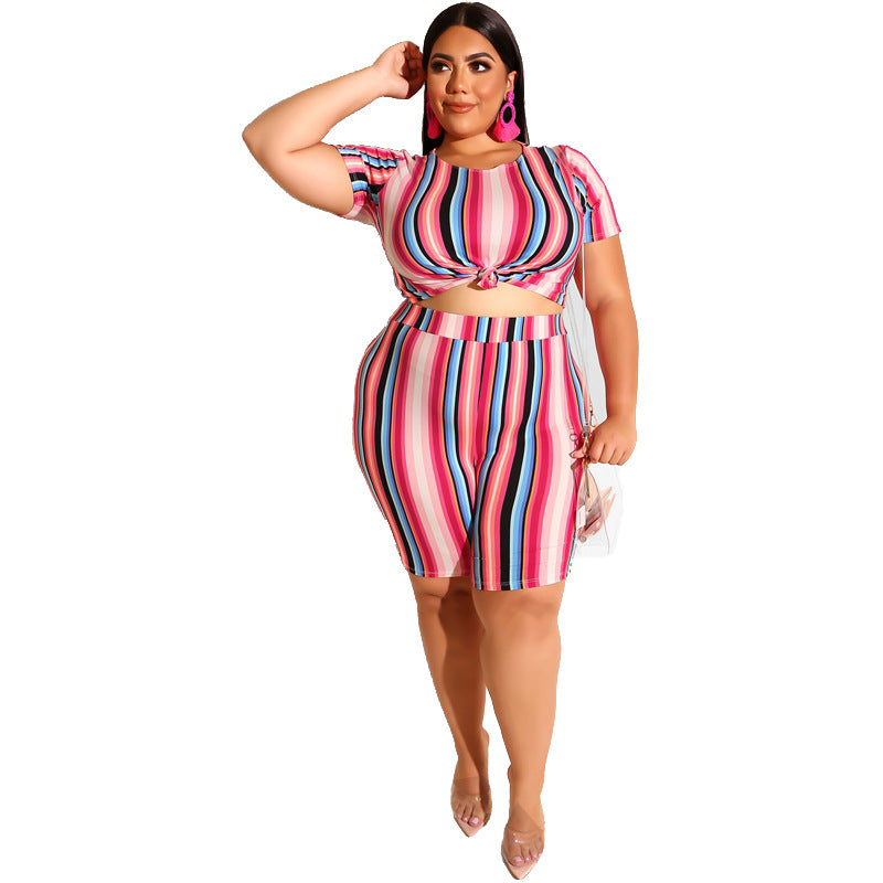 Women Plus Size Co-Ords Tie-Dye Striped Tight T-shirt Shorts Sexy Two-Piece Suit
