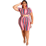 Women Plus Size Co-Ords Tie-Dye Striped Tight T-shirt Shorts Sexy Two-Piece Suit