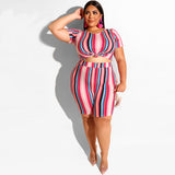 Women Plus Size Co-Ords Tie-Dye Striped Tight T-shirt Shorts Sexy Two-Piece Suit