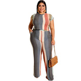 Women Plus Size Co-OrdsT T-shirt Top Straight-Leg Trousers Fashion Casual Striped Printed Two-Piece Suit