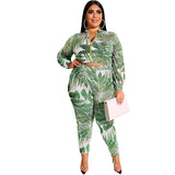 Women Plus Size Co-Ords Printed Long-Sleeve Zipper Top Tight Pants Fashion Casual Set