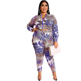 Women Plus Size Co-Ords Printed Long-Sleeve Zipper Top Tight Pants Fashion Casual Set