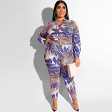 Women Plus Size Co-Ords Printed Long-Sleeve Zipper Top Tight Pants Fashion Casual Set