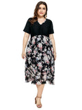 Women plus Size Dresses Summer V-neck Printed Chiffon Stitching Dress