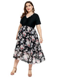 Women plus Size Dresses Summer V-neck Printed Chiffon Stitching Dress