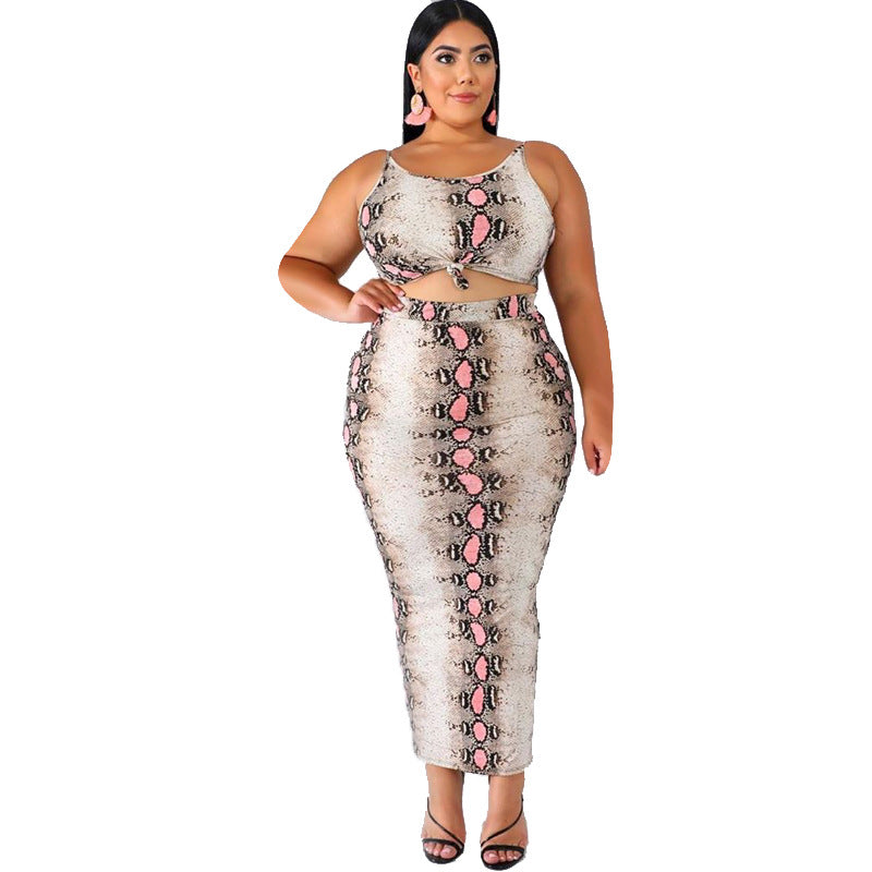 Women Plus Size Midi Dresses Leopard Print Suspenders Skinny Bodycon Sexy Two-Piece Suit