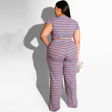 Women Plus Size Co-Ords Slim Stripe Strap Short Sleeve T-shirt Top Straight-Leg Trousers Two-Piece Set