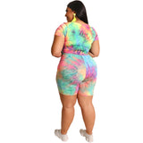 Women Plus Size Co-Ords Tie-Dye Striped Tight T-shirt Shorts Sexy Two-Piece Suit