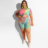 Women Plus Size Co-Ords Tie-Dye Striped Tight T-shirt Shorts Sexy Two-Piece Suit