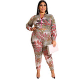 Women Plus Size Co-Ords Printed Long-Sleeve Zipper Top Tight Pants Fashion Casual Set