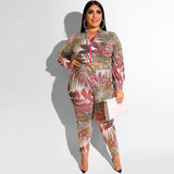 Women Plus Size Co-Ords Printed Long-Sleeve Zipper Top Tight Pants Fashion Casual Set