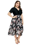 Women plus Size Dresses Summer V-neck Printed Chiffon Stitching Dress