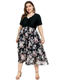 Women plus Size Dresses Summer V-neck Printed Chiffon Stitching Dress