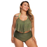 Women Plus Size Swimwear Bandeau Bikinis Halter Lace-up Split Swimsuit Flounced High Waist Triangle Two-Piece Suit