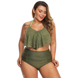 Women Plus Size Swimwear Bandeau Bikinis Halter Lace-up Split Swimsuit Flounced High Waist Triangle Two-Piece Suit