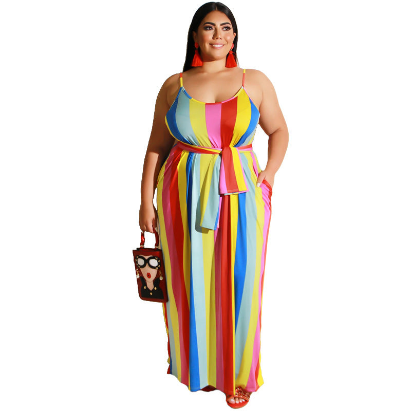 Women Plus Size Maxi Dresses Striped Spaghetti Straps Sexy Straight Dress with Belt